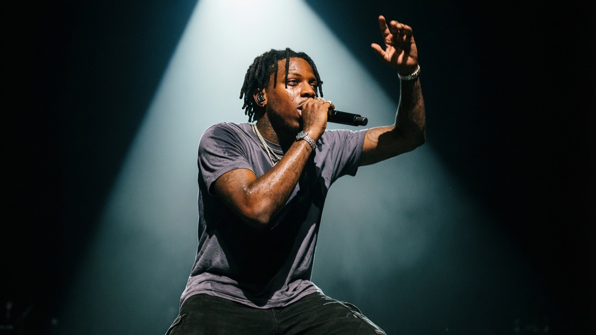 Stage Spotlight 壁紙 — 一位男性饒舌歌手留著辮子，在黑暗的舞台上單一聚光燈下拿著麥克風表演。