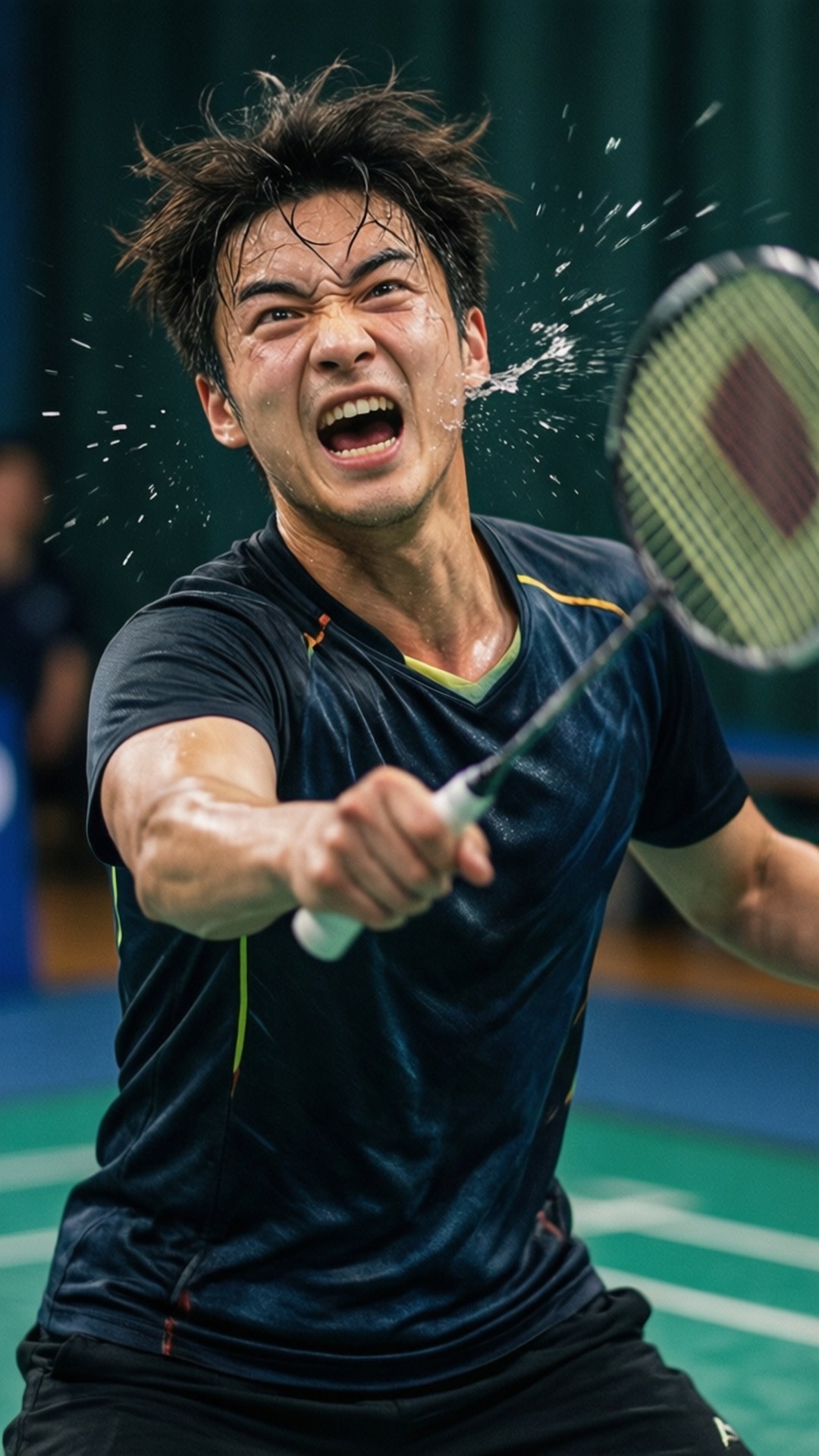 Dynamic Smash Moment 壁紙 — 一名男性羽球運動員在比賽中專注地尖叫，同時在空中扣殺羽球。