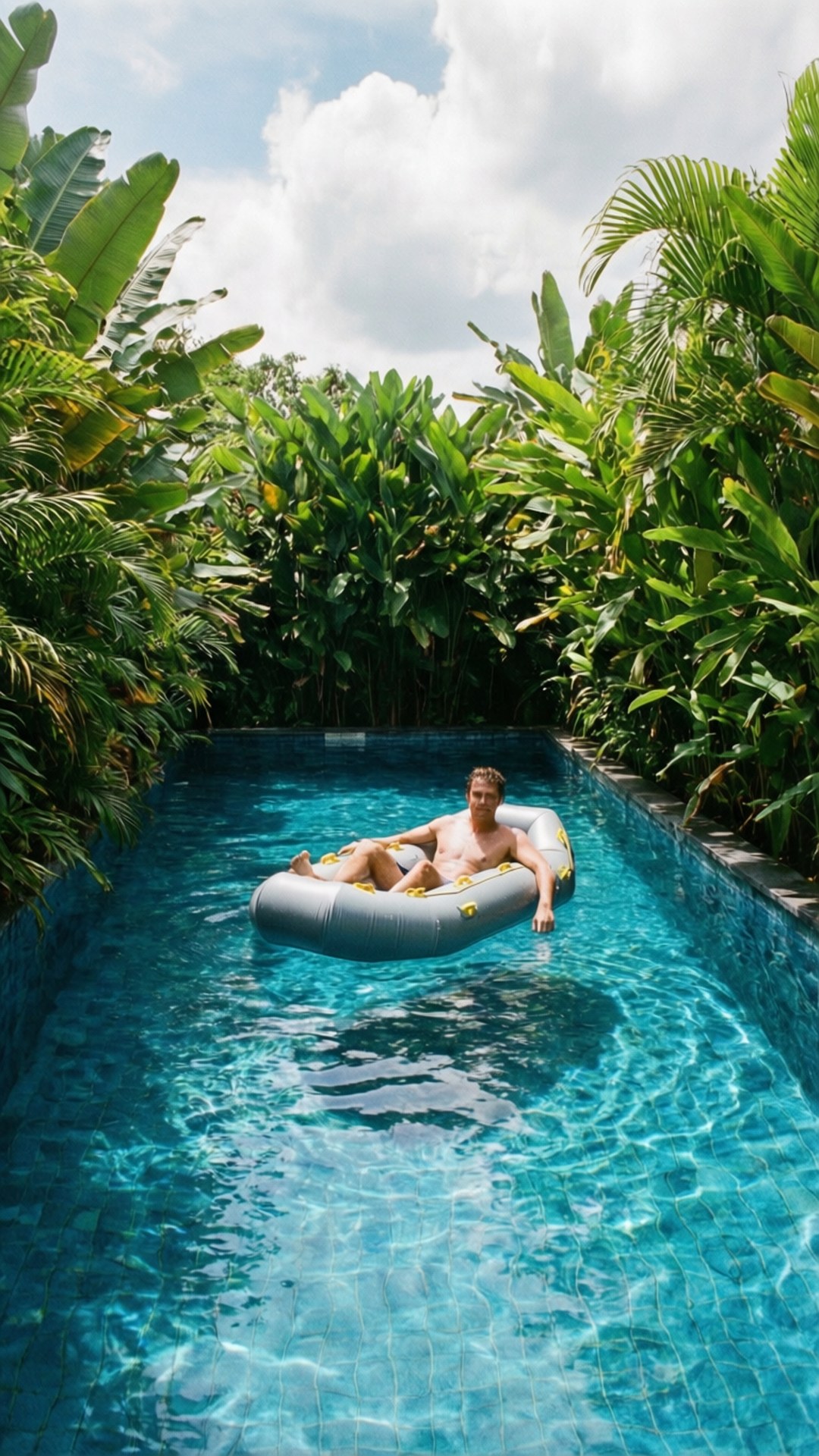 Pool Float Tropical 壁紙 — 一名男子在狹窄的藍綠色泳池中，躺在灰色充氣圈上放鬆，周圍是茂密的熱帶綠色植物，天空明亮。