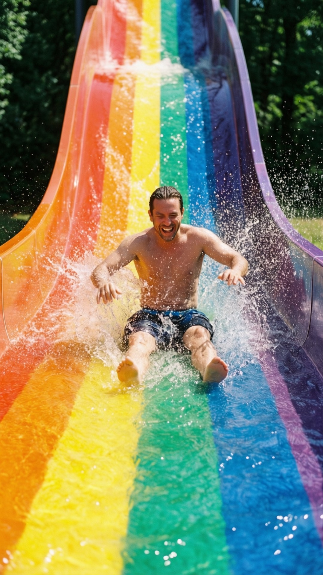 Rainbow Slide Fun 壁紙 — 一名男子在陽光明媚的日子裡，歡快地笑著從色彩繽紛的彩虹水滑梯上滑下。