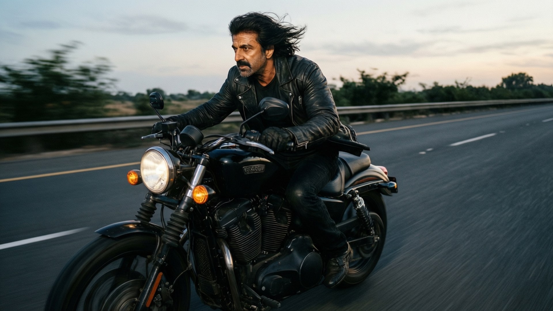 Biker Salman Khan 壁紙 — 一名深色頭髮和鬍鬚的男子在黃昏時分騎著黑色機車行駛在高速公路上，周圍環境模糊。