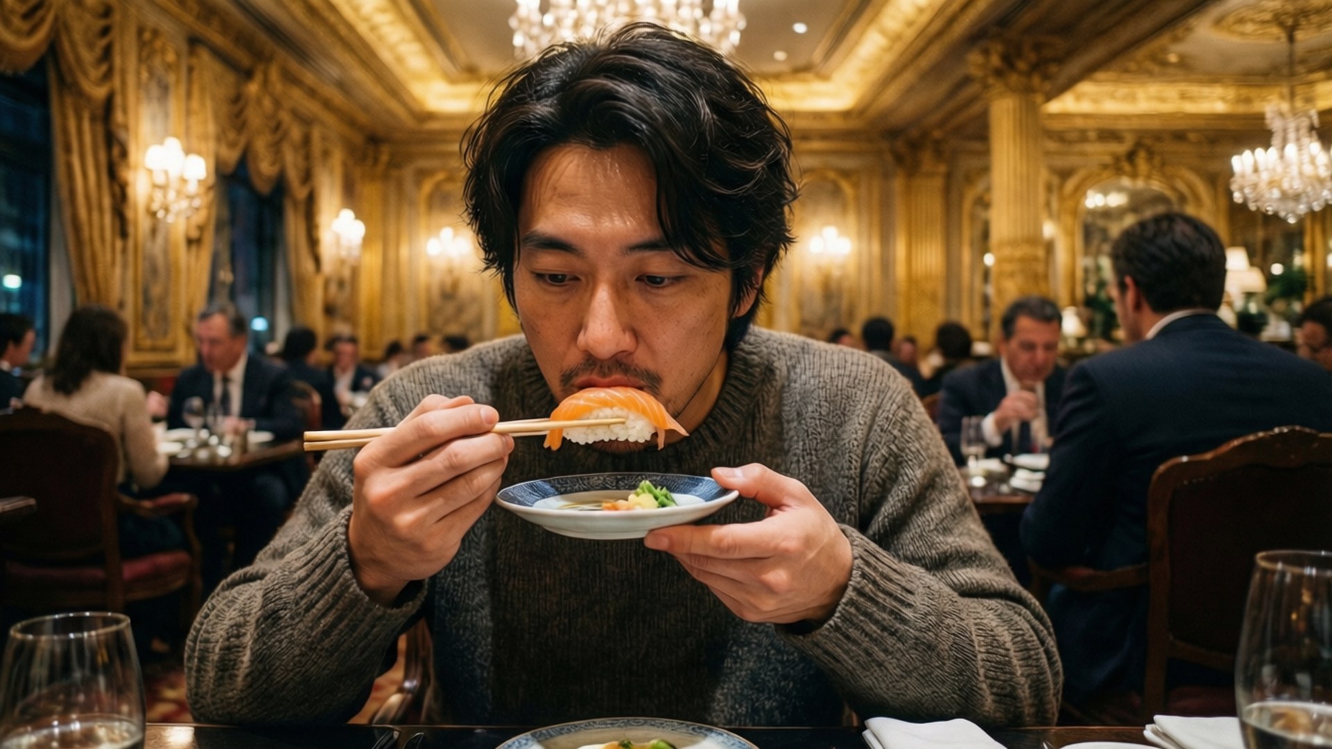 Sushi Indulgence 壁紙 — 一名穿著質感毛衣的男子在華麗的金色餐廳裡，用筷子享用壽司，餐廳內有吊燈和其他食客。