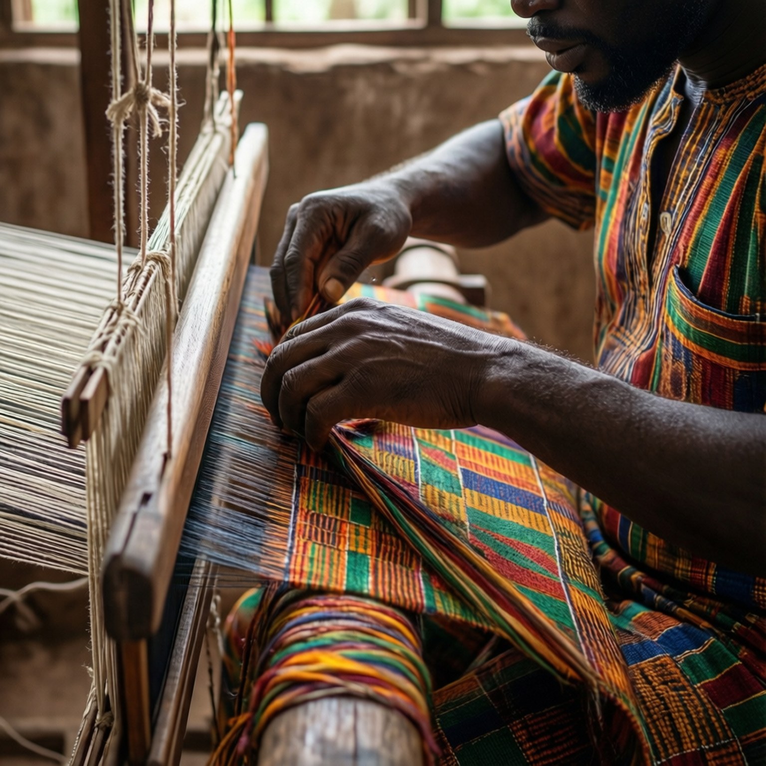 Kente Weaver Artisan 壁紙 — 一名男子在陽光普照的鄉村工作室中，用木織機編織色彩鮮豔的布料。