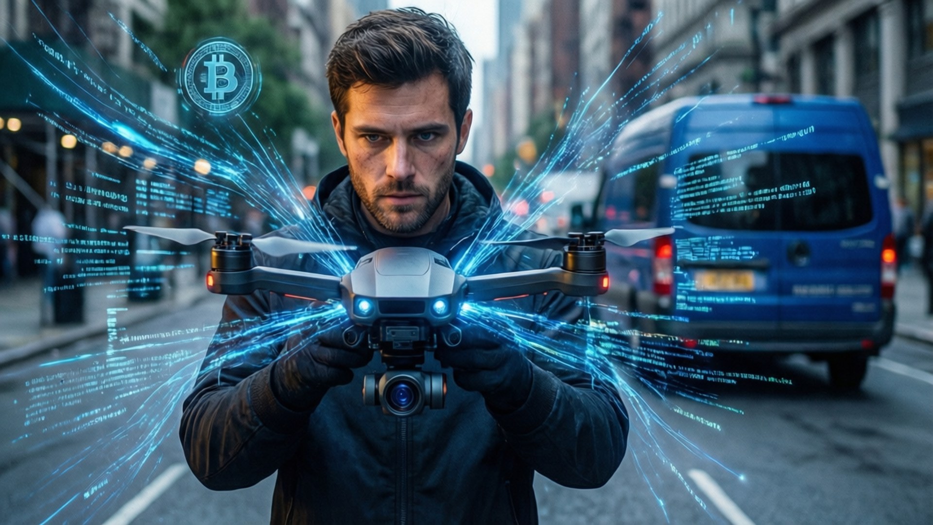 Crypto's Drone Recon 壁紙 — 一名男子在城市街道上手持無人機，散發出藍色數位流和比特幣符號。