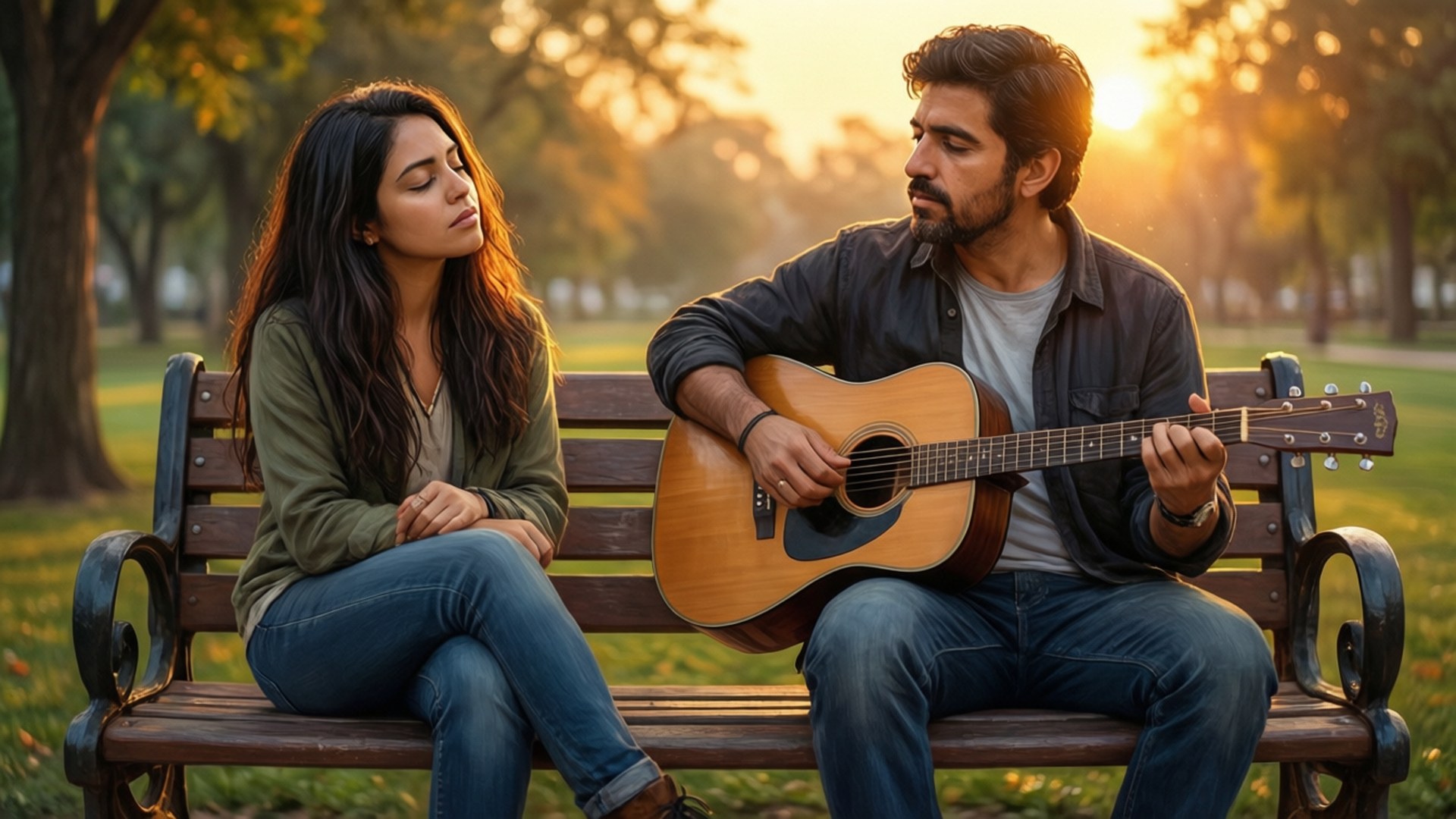 Sunset Duet 壁紙 — 一名男子在公園長椅上為坐在他旁邊的女子彈奏原聲吉他，背後的金色夕陽光線穿過樹木灑落。