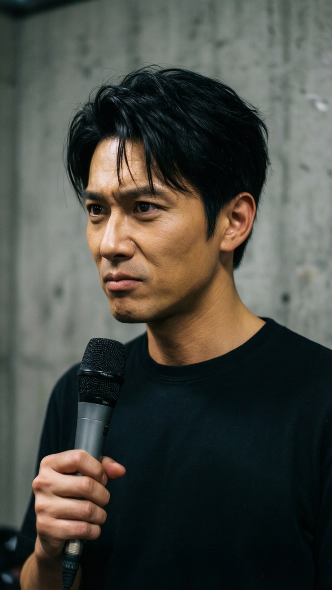 Backstage Focus 壁紙 — 一名深色頭髮的男子手持麥克風，靠著紋理混凝土牆，表情嚴肅而專注。