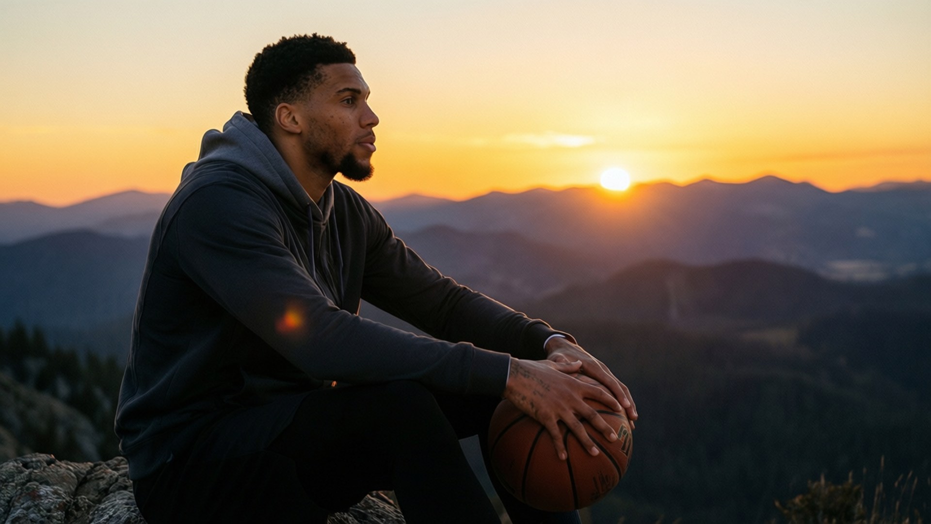 Devin Booker 桌布 壁紙 — 一名男子坐在岩石山頂上，手持籃球，夕陽在遠山後落下，灑下溫暖的金色光芒。