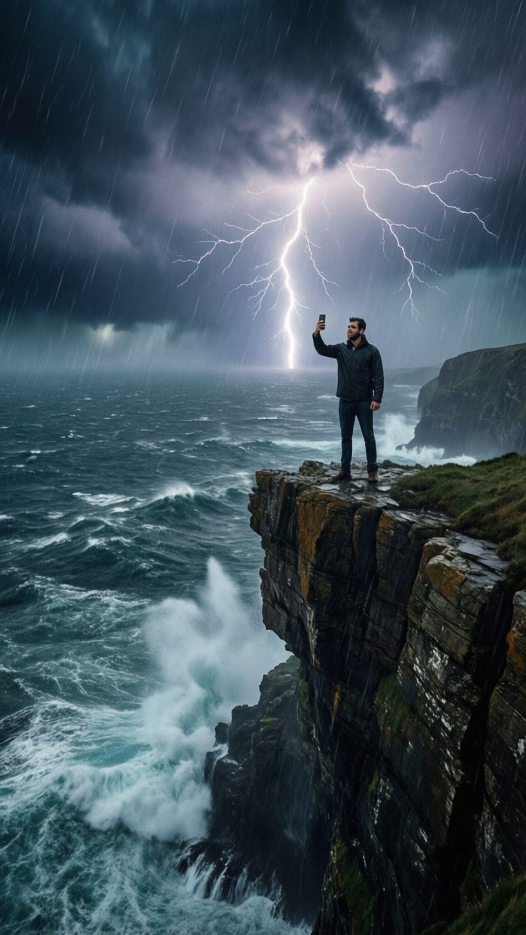桌布 壁紙 — 一名男子站在暴風雨中的懸崖邊，高舉手機，閃電在洶湧的海浪上方劈下。