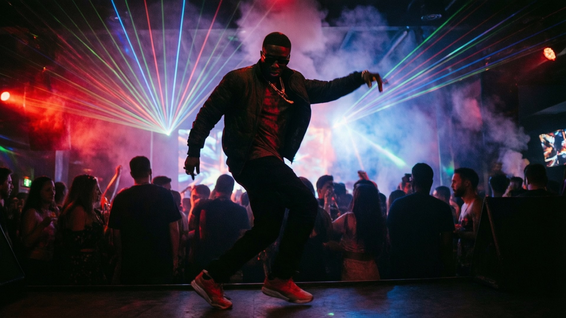 Club Vibe Usher 壁紙 — 一名男子在充滿煙霧和發光光束的擁擠夜店中，在充滿活力的雷射燈光下充滿活力地跳舞。