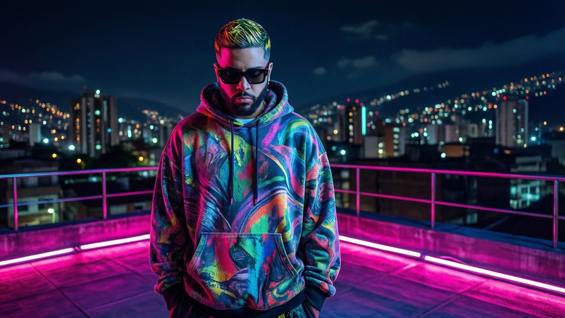 Neon Rooftop King 壁紙 — 一名身穿鮮豔紮染連帽衫的男子夜晚站在屋頂上，身後是霓虹燈和城市天際線。