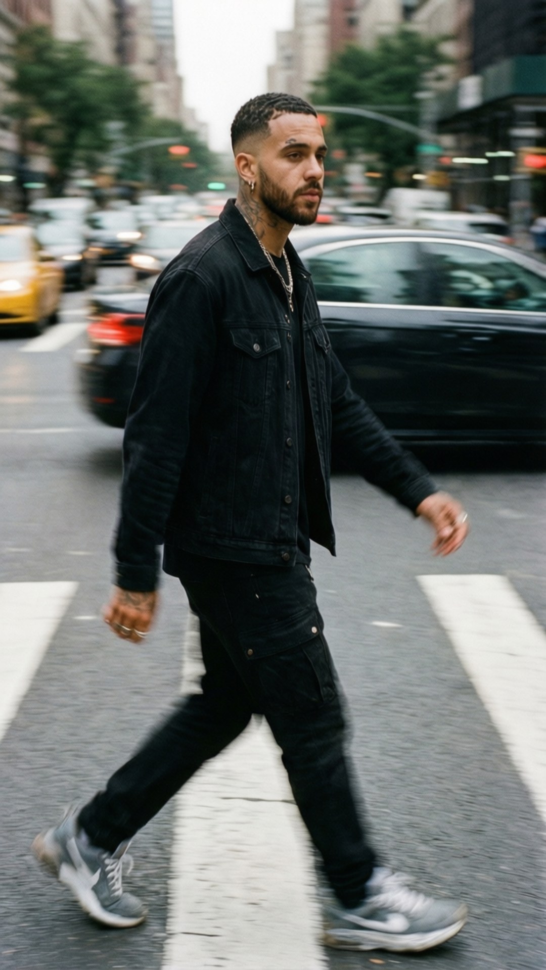Streetwear Crosswalk Motion 壁紙 — 一名身穿黑色牛仔外套和深色褲子的男子自信地穿過繁忙的城市街道，背景是模糊的汽車和建築物。