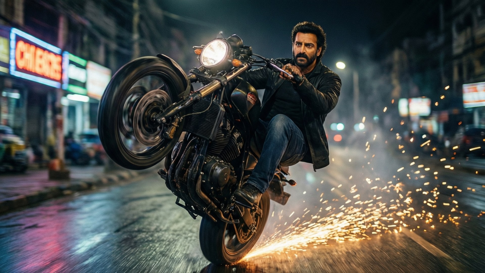 Midnight Stunt Ride 壁紙 — 一名男子在夜間濕滑的城市街道上騎摩托車表演翹前輪，後輪火花四濺。