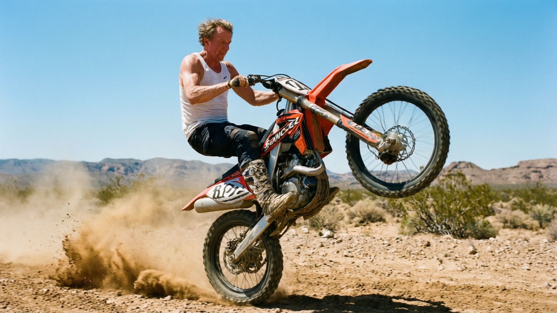 Desert Rider 壁紙 — 一名身穿白色背心的男子在空中騎著橙色越野機車，越過塵土飛揚的沙漠地形，背景有山脈。