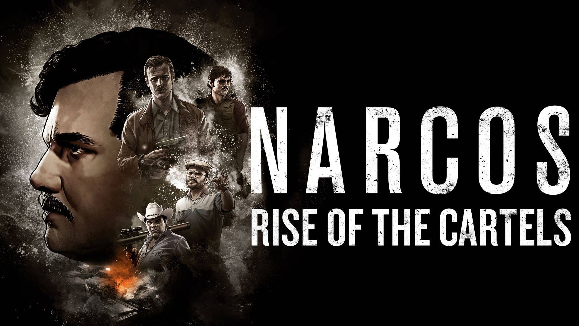 Entertainment 桌布 壁紙 — Narcos Rise of the Cartels 的粗獷黑白宣傳海報， featuring 強烈的角色肖像和熾熱的爆炸。