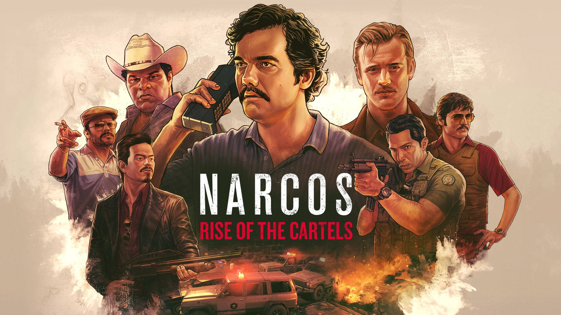 電玩遊戲 桌布 壁紙 — Narcos Rise of the Cartels 的戲劇性插圖海報，展示激烈的卡特爾領袖手持槍支和燃燒的警車。