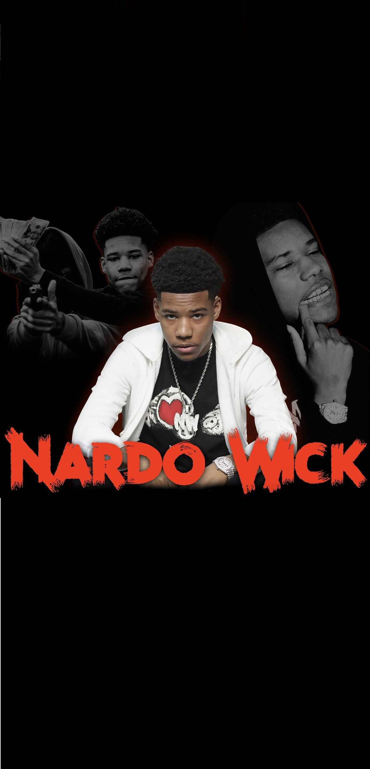 Nardo Wick 桌布 壁紙 — Nardo Wick 的大膽肖像，身穿白色外套，紅色塗鴉風格文字，黑色背景上展示他多個風格化面孔。