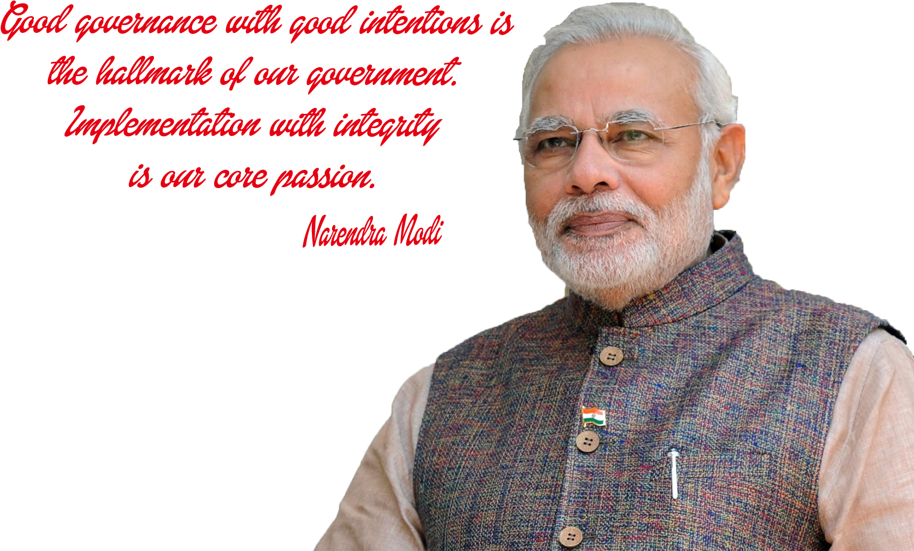 政治 桌布 壁紙 — Narendra Modi 身穿圖案背心，佩戴印度國旗別針，黑色背景上帶有紅色引文文字。