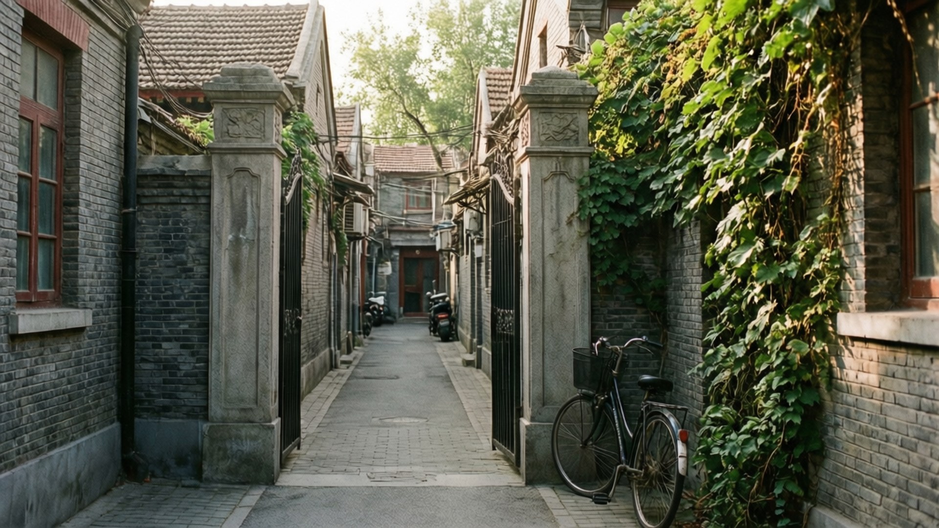 Shikumen Lane Nostalgia 壁紙 — 一條狹窄的小巷，兩旁是石柱和常春藤覆蓋的磚牆，自行車停在大門旁邊。