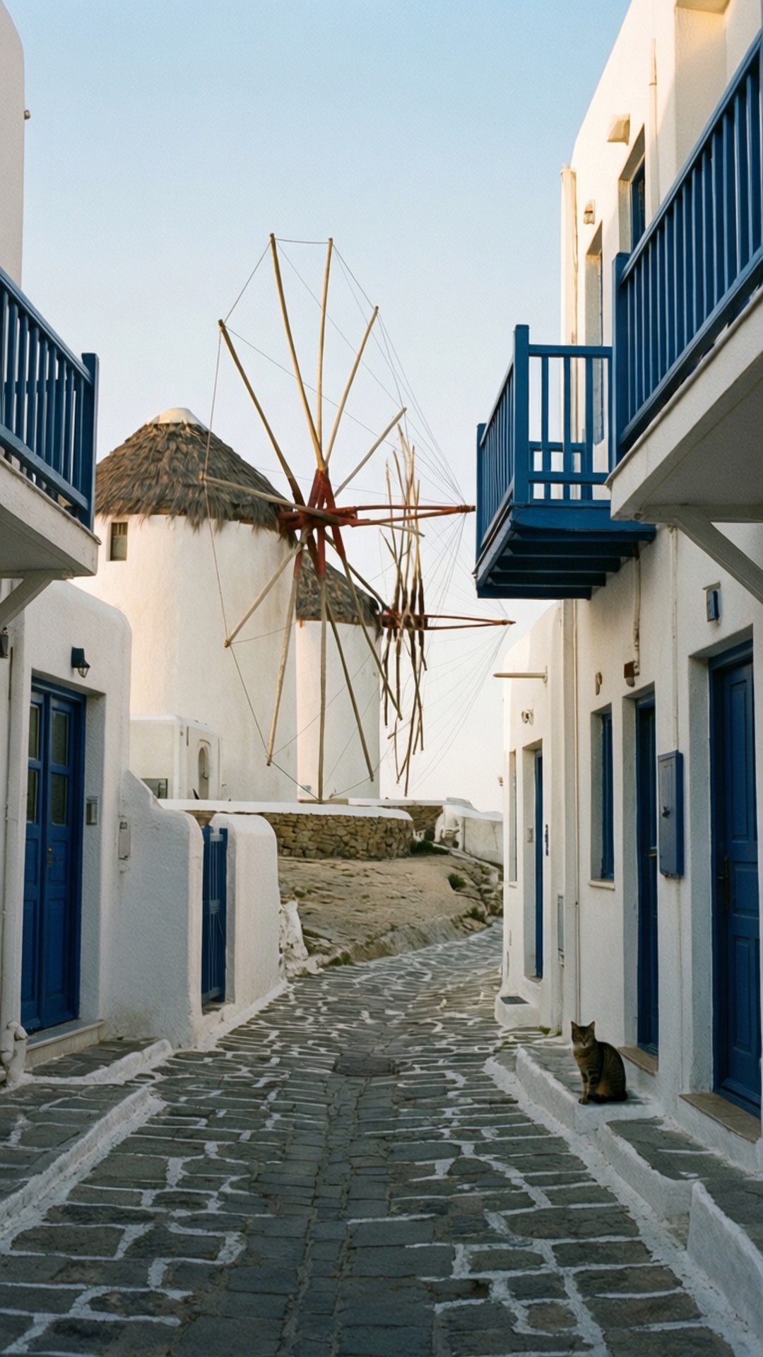 Street View Windmills 壁紙 — 一條狹窄的鵝卵石小巷，兩旁是帶有藍色陽台的白色建築，通向晴朗天空下的傳統風車。