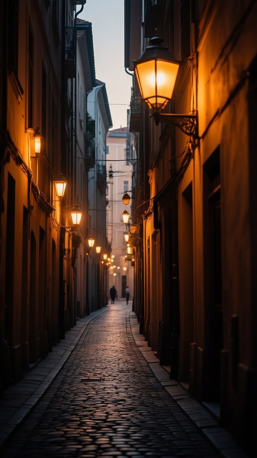 Old Alley Vertical 壁紙 — 一條狹窄的鵝卵石小巷，在黃昏時分被溫暖發光的街燈照亮，在高樓之間投下長長的陰影。
