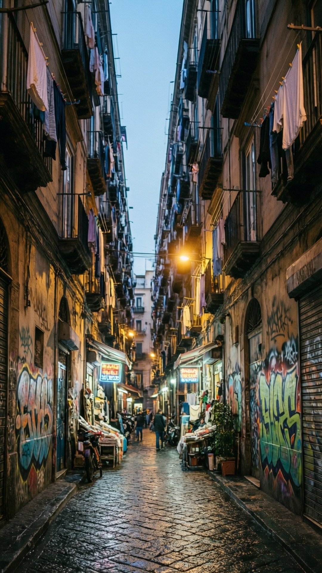 Naples 桌布 壁紙 — 黃昏時分，一條狹窄的鵝卵石小巷位於風化的建築物之間，掛著晾曬的衣物，塗鴉覆蓋的牆壁被溫暖的路燈照亮。