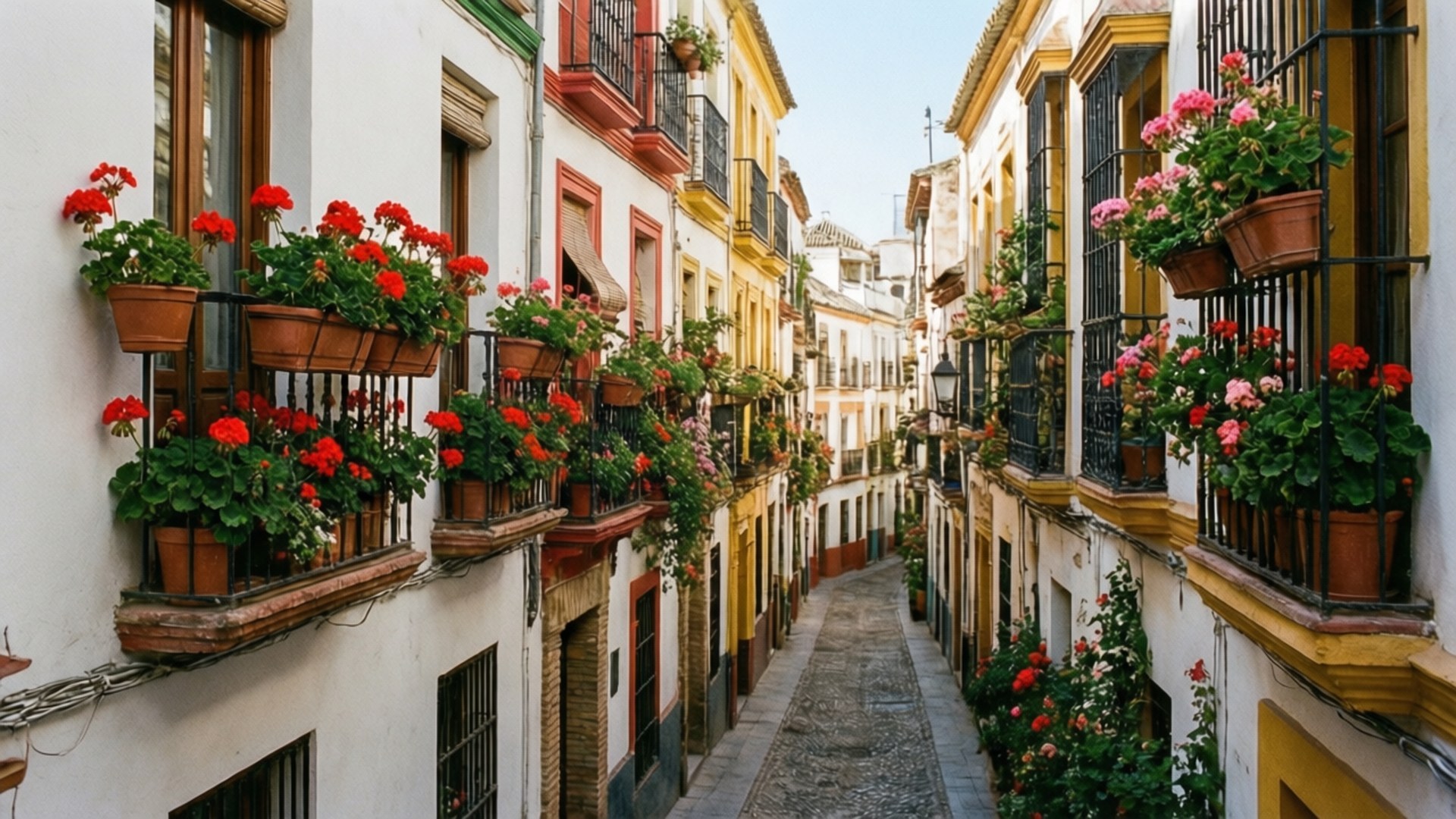 Cordoba Patio Flowers 壁紙 — 一條狹窄的鵝卵石街道，兩旁是白色和黃色的建築，裝飾著黑色鐵陽台上的陶土花盆中鮮豔的紅色和粉紅色天竺葵。