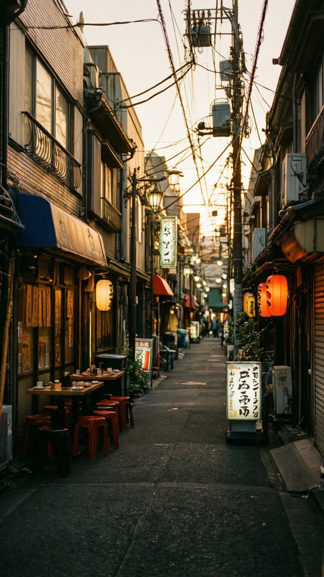 Golden Hour Alley 壁紙 — 一條狹窄的日本小巷，沐浴在金色的夕陽光中，鵝卵石小徑兩旁掛著發光的燈籠和傳統店舖門面。