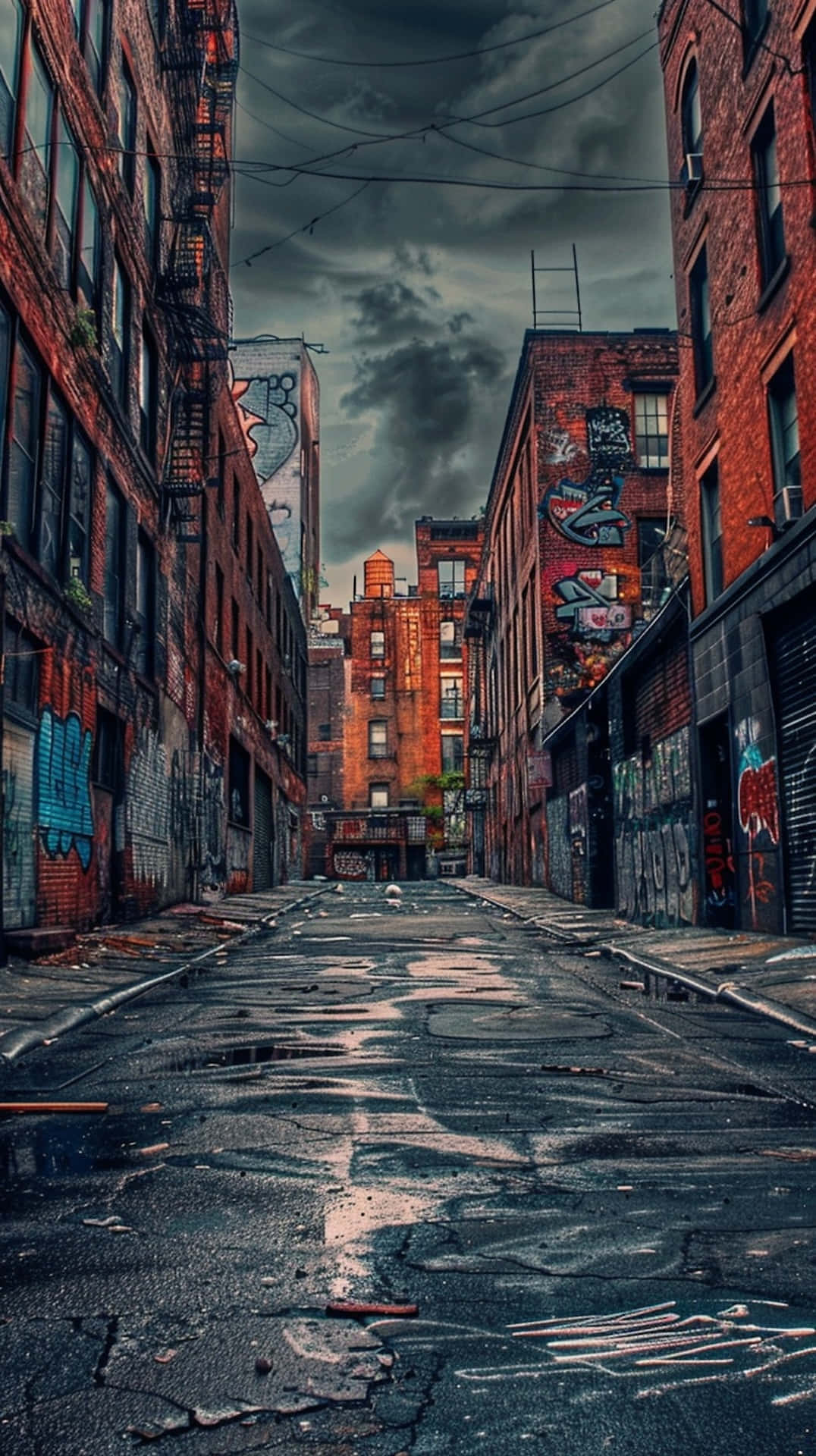  壁紙 — 一條狹窄、被雨水打濕的小巷，位於風化磚建築之間，天空風暴密佈，牆上佈滿塗鴉。