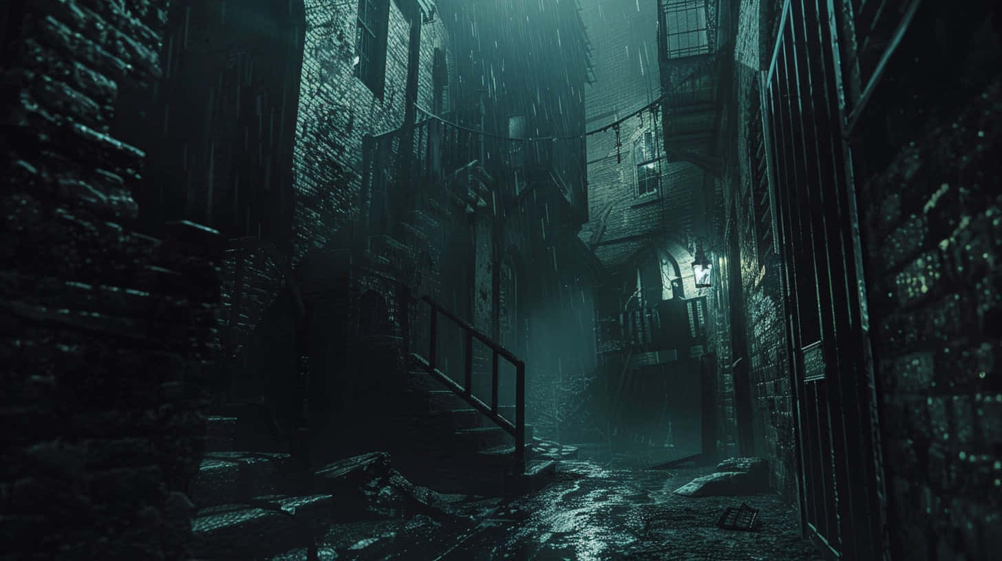  壁紙 — 一條狹窄、被雨水打濕的小巷，位於舊磚建築之間，從一盞燈籠中發出詭異的綠光。