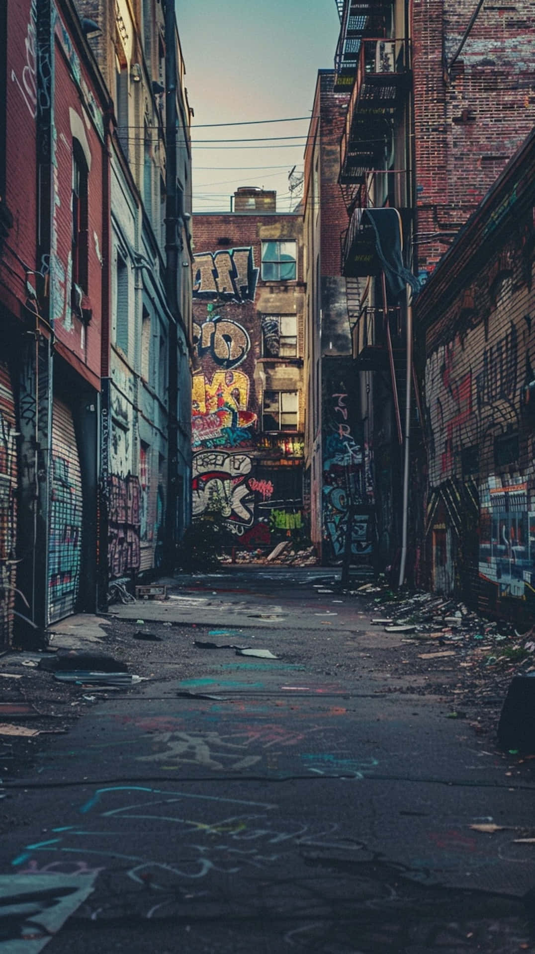  壁紙 — 一條狹窄的城市小巷，兩旁是塗鴉覆蓋的磚造建築，天空昏暗。