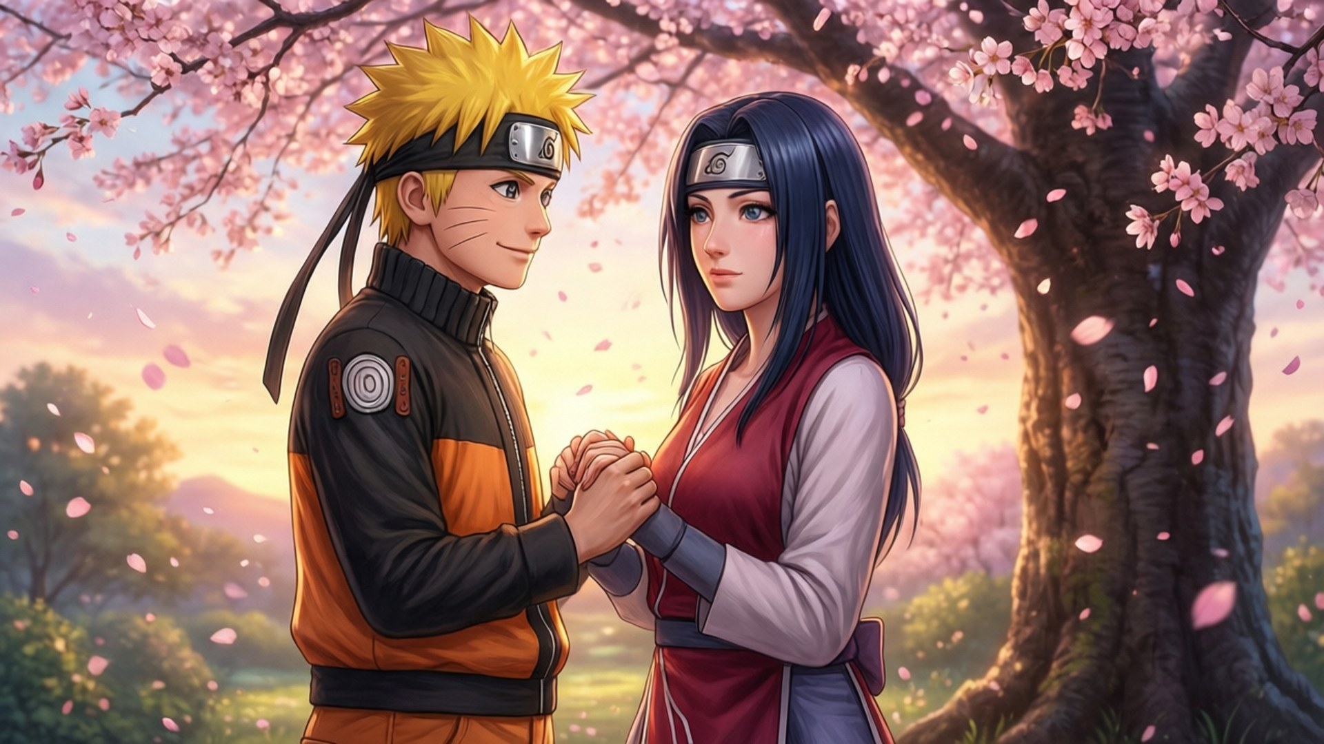 Naruto and Hinata Under Sakura 壁紙 — 鳴人和雛田在夕陽下盛開的櫻花樹下牽手，一幅寧靜的動畫場景。