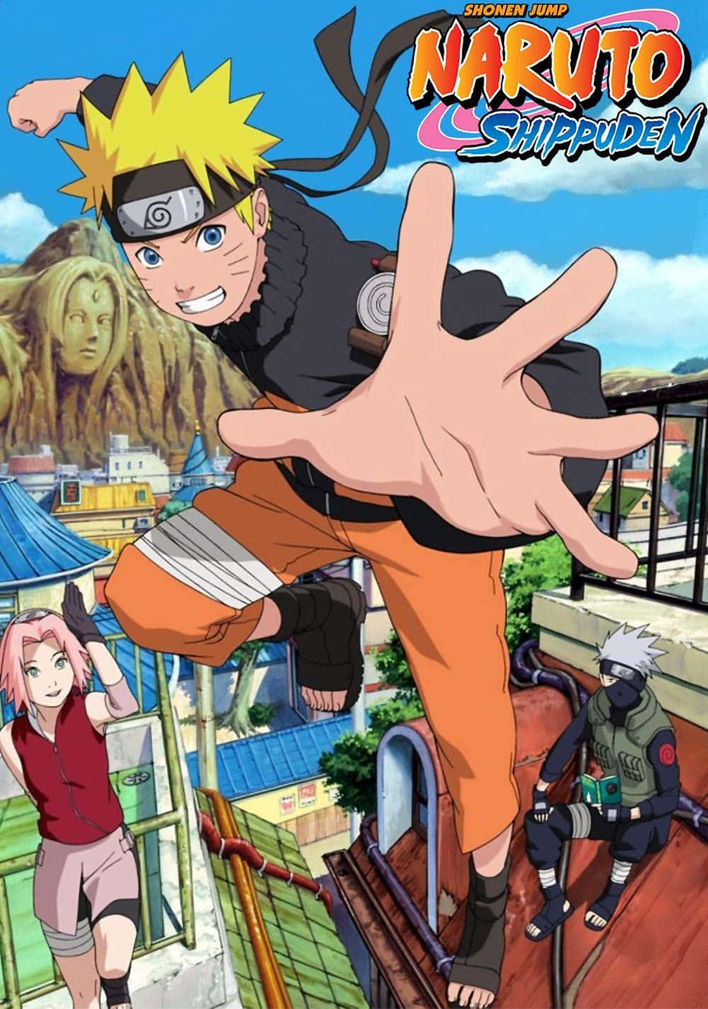 火影忍者 桌布 壁紙 — Naruto Shippuden 動畫英雄向前跳躍，伸出手，背景是充滿活力的村莊。
