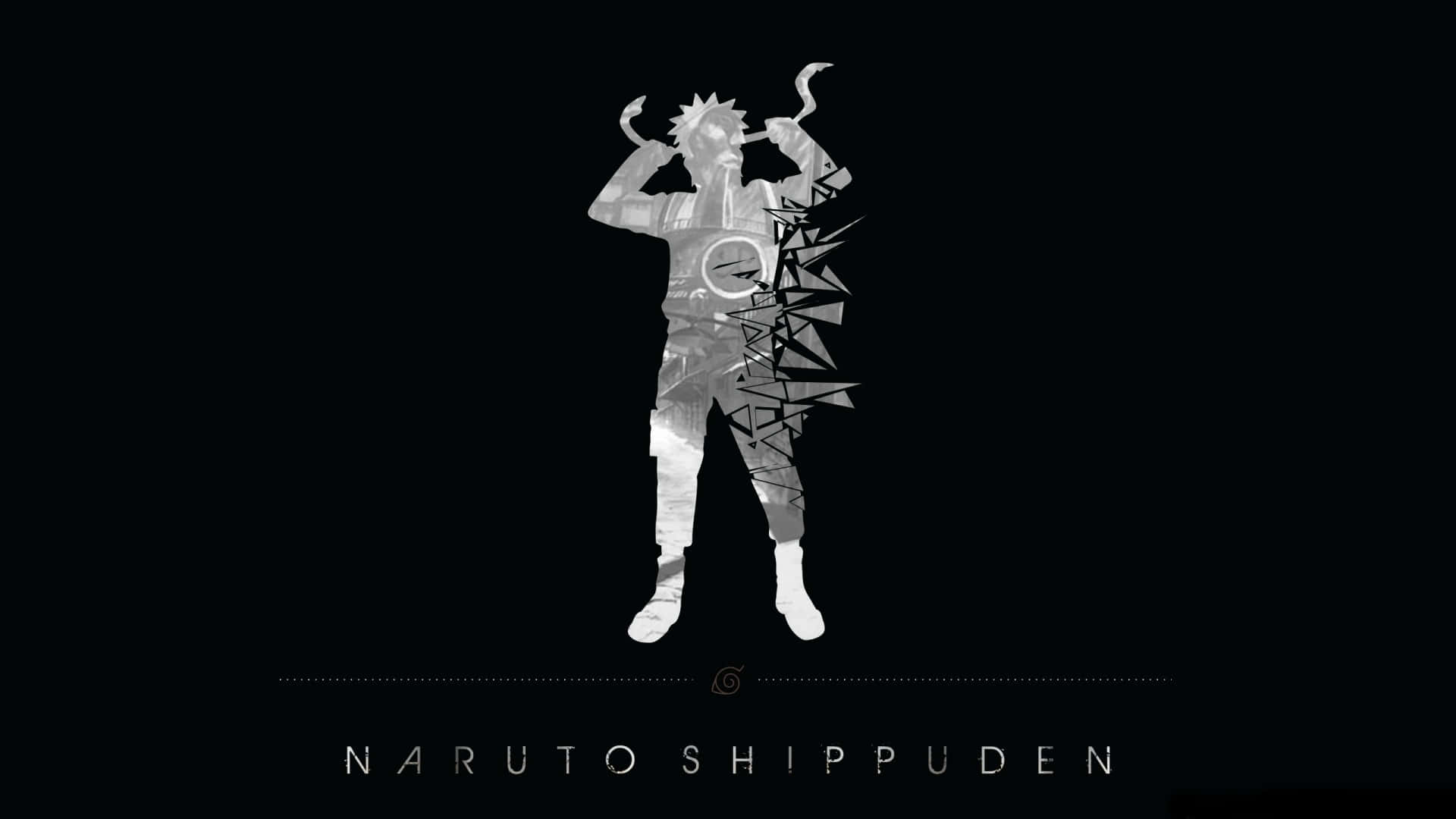 Naruto Black And White 桌布 壁紙 — Naruto Shippuden 的單色剪影，在黑色背景上以動態姿勢呈現，帶有幾何碎片。