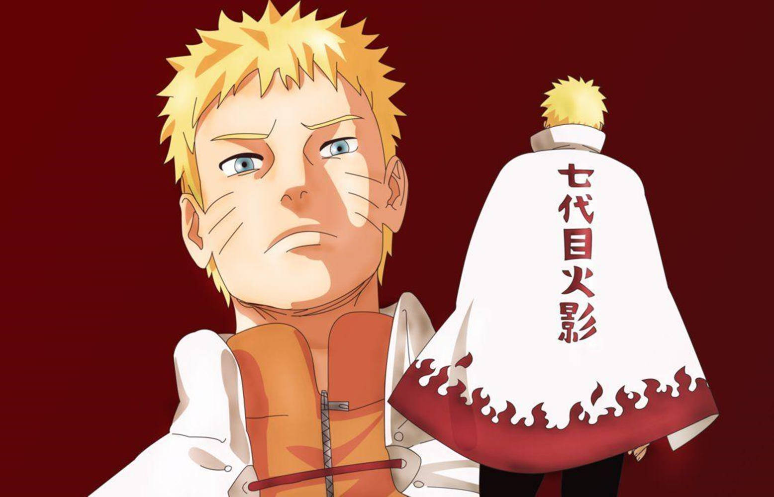 渦卷一族 桌布 壁紙 — Naruto Uzumaki in his Hokage robe stands determined against a deep red background with his back turned showing the title 七代目火影.