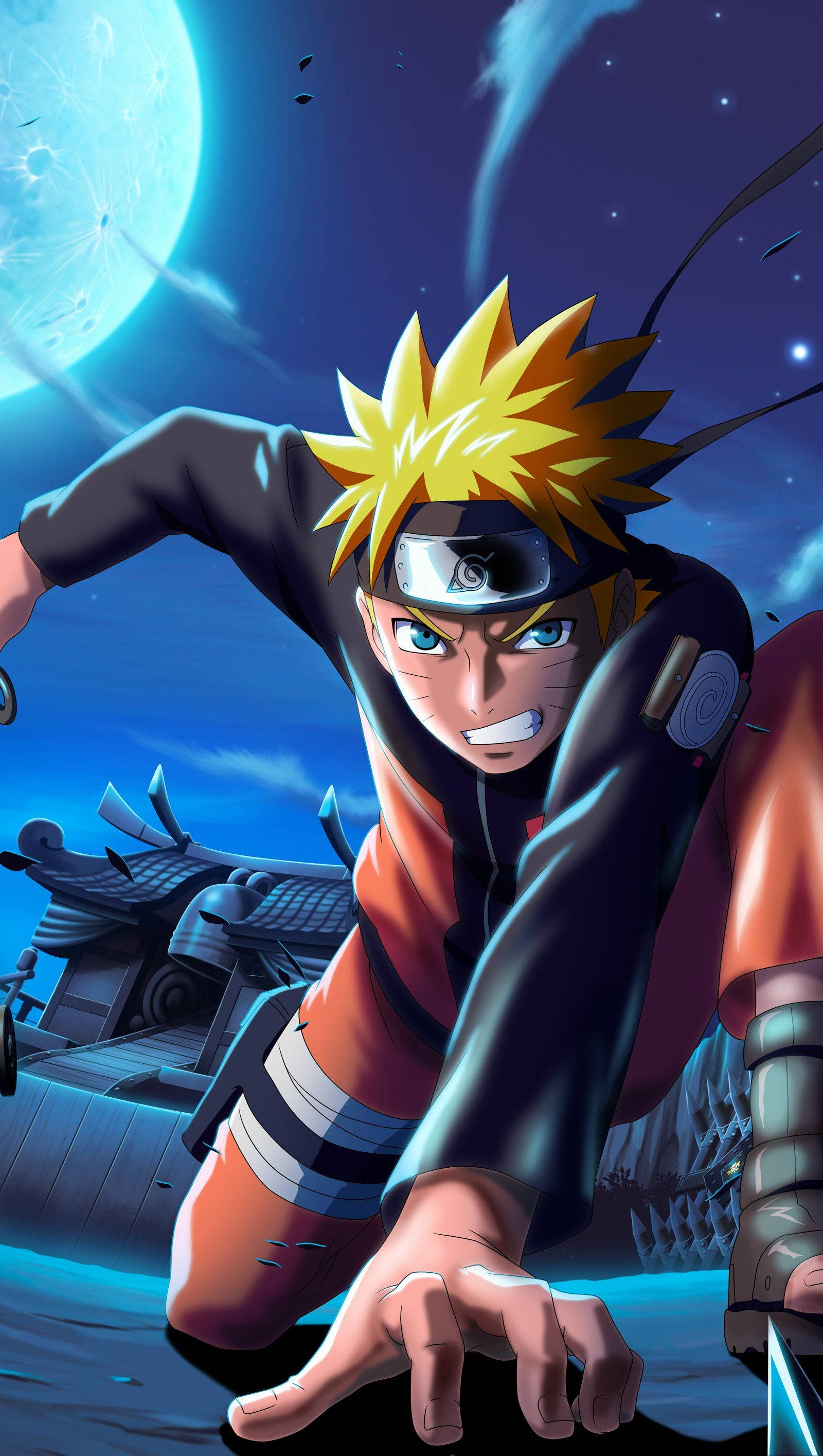 火影忍者 桌布 壁紙 — Naruto Uzumaki 在發光月亮下以動態姿勢呈現，背景有傳統屋頂。