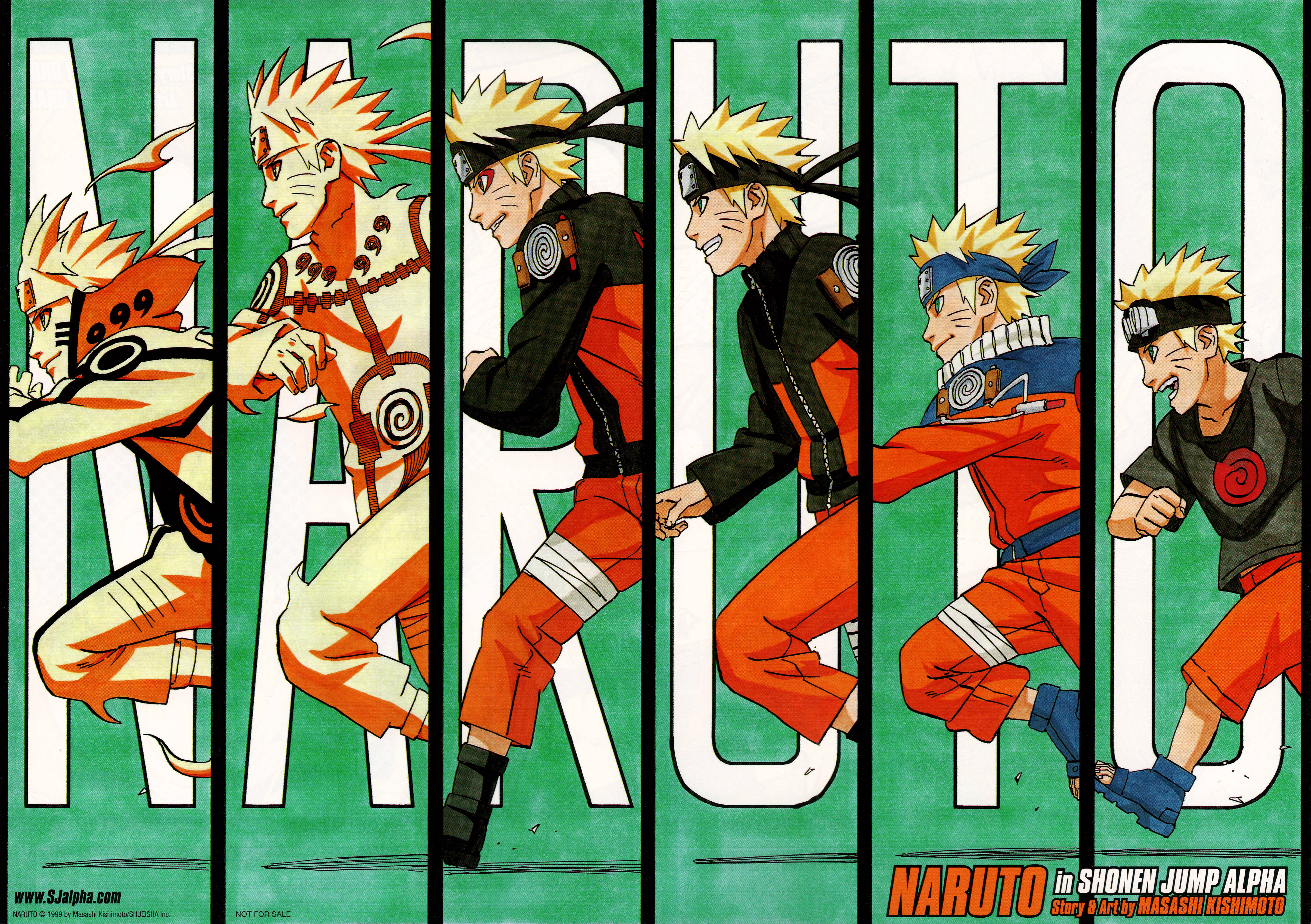 Naruto Final Form 桌布 壁紙 — Naruto Uzumaki 在綠色背景上以六個動態姿勢呈現，並帶有大型白色「NARUTO」字樣。