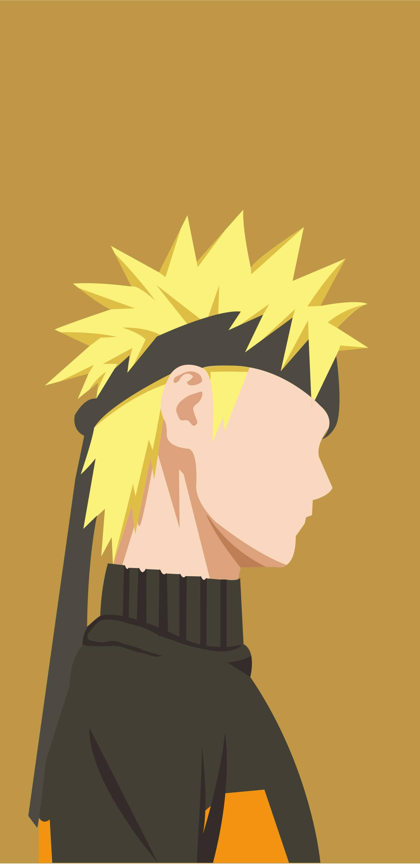 火影忍者 桌布 壁紙 — Naruto Uzumaki 的側面圖，擁有尖刺金髮和黑色頭帶，背景為純芥末色。