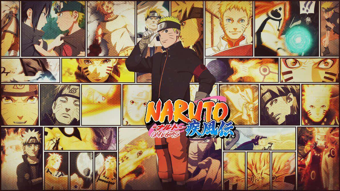 Naruto Manga 桌布 壁紙 — Naruto Uzumaki 自信地站在Naruto系列漫畫面板的鮮豔拼貼畫前。
