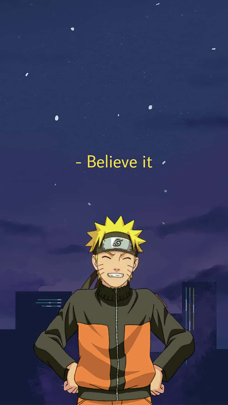  壁紙 — 動漫角色鳴人自信地站在星空下，上方閃耀著「Believe it」的文字。