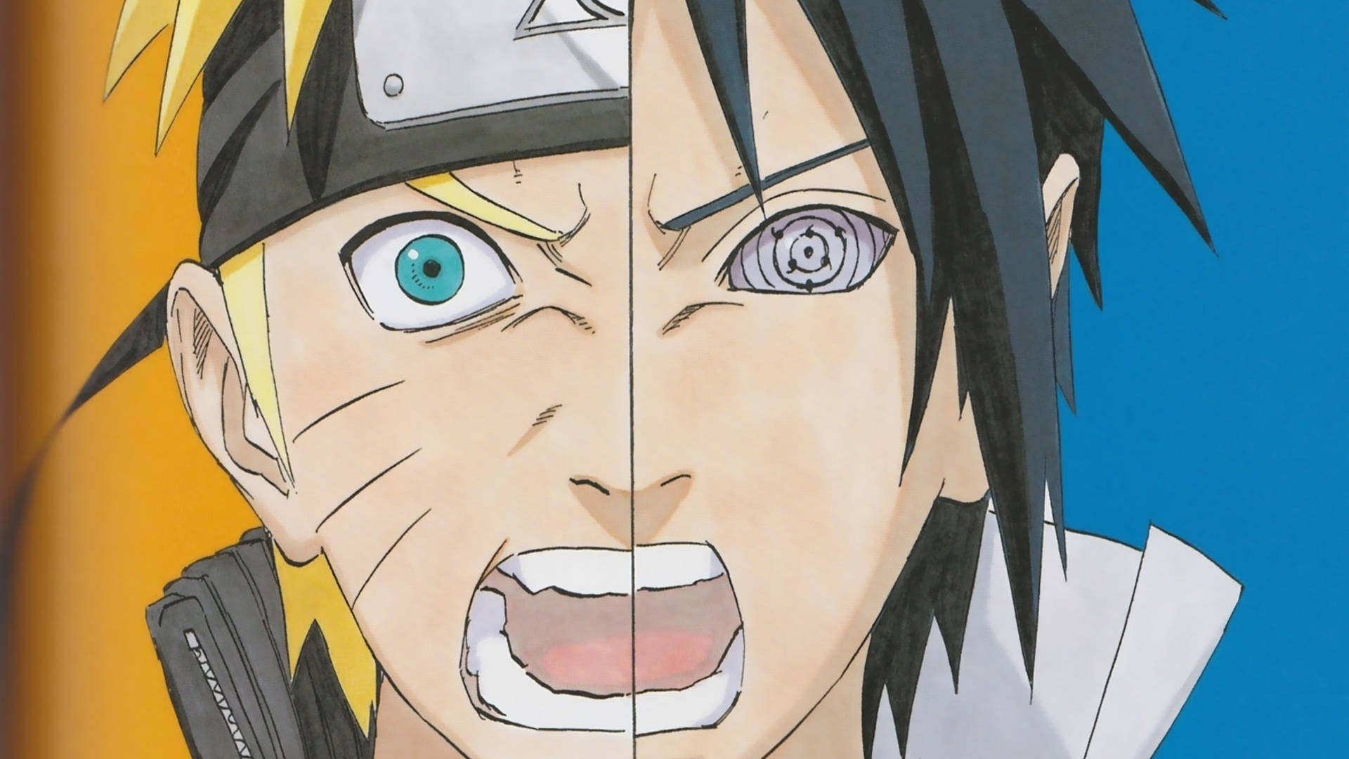 火影忍者 佐助與鳴人 桌布 壁紙 — Naruto 和 Sasuke 在對比的橙色和藍色背景下以強烈表情大喊的分面動畫肖像。
