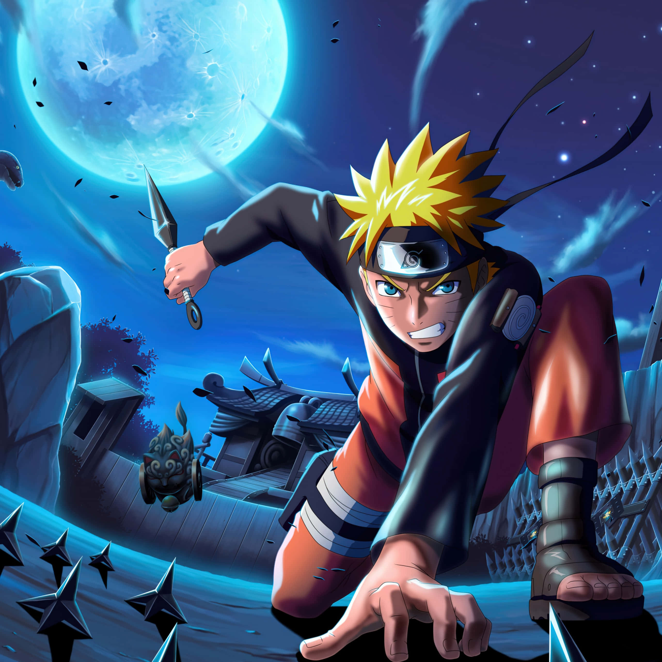 桌布 壁紙 — Naruto 在發光的藍色月亮下擺出動態忍者姿勢，手裏劍飛舞，背景是傳統建築。