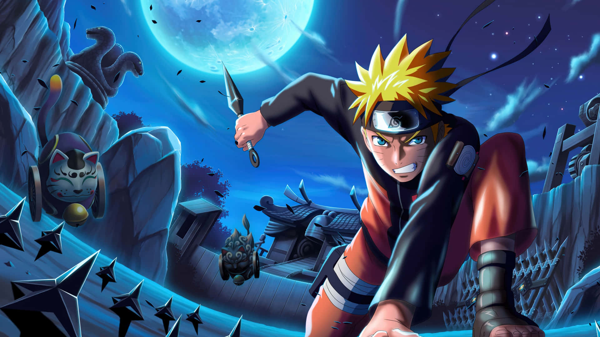 Naruto 在藍色月亮下以忍者姿態手持飛舞的手裏劍。 — 漫畫gif 壁紙