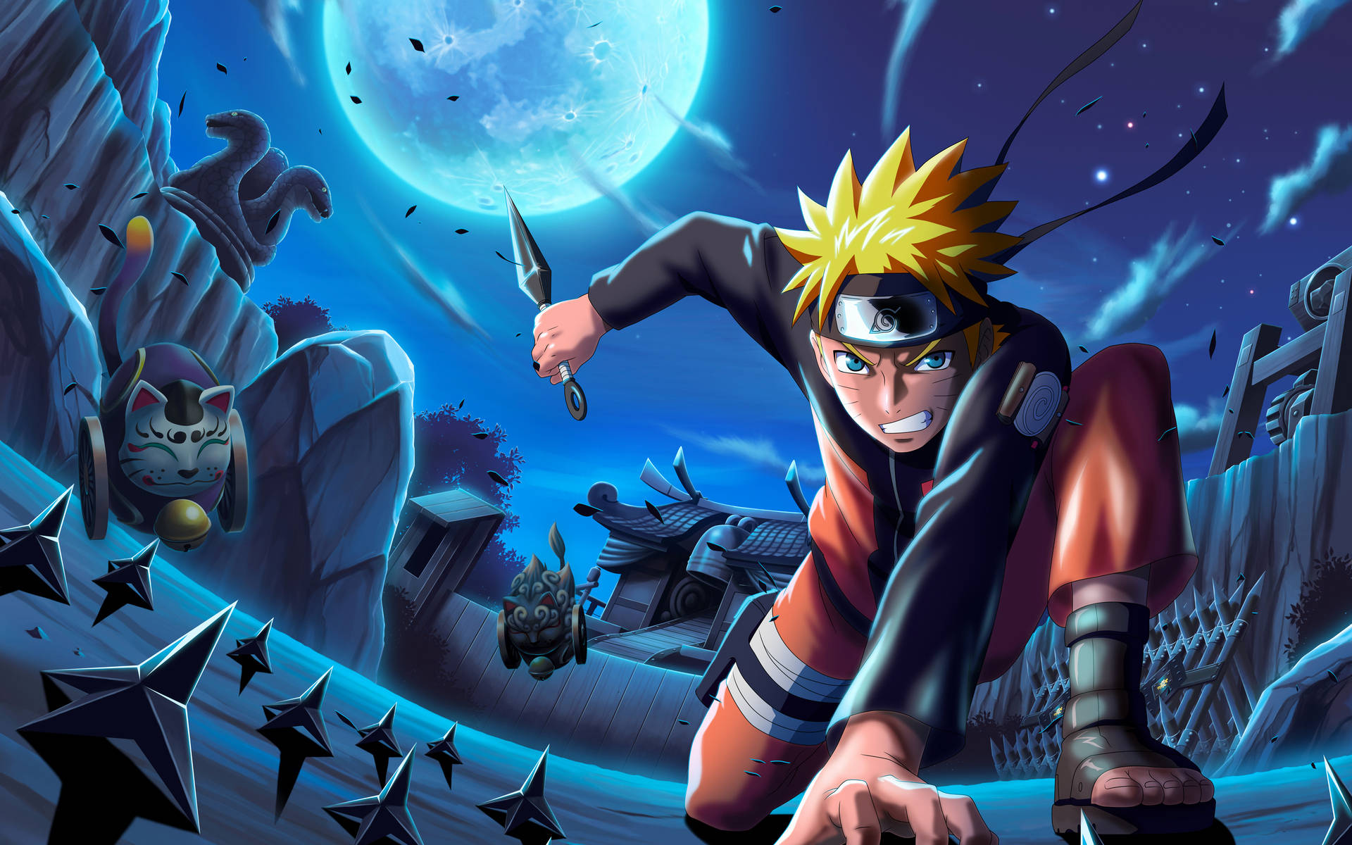 漩渦鳴人 桌布 壁紙 — Naruto 在發光的藍色月亮下擺出動態忍者姿勢，周圍環繞著手裏劍和岩石地形。