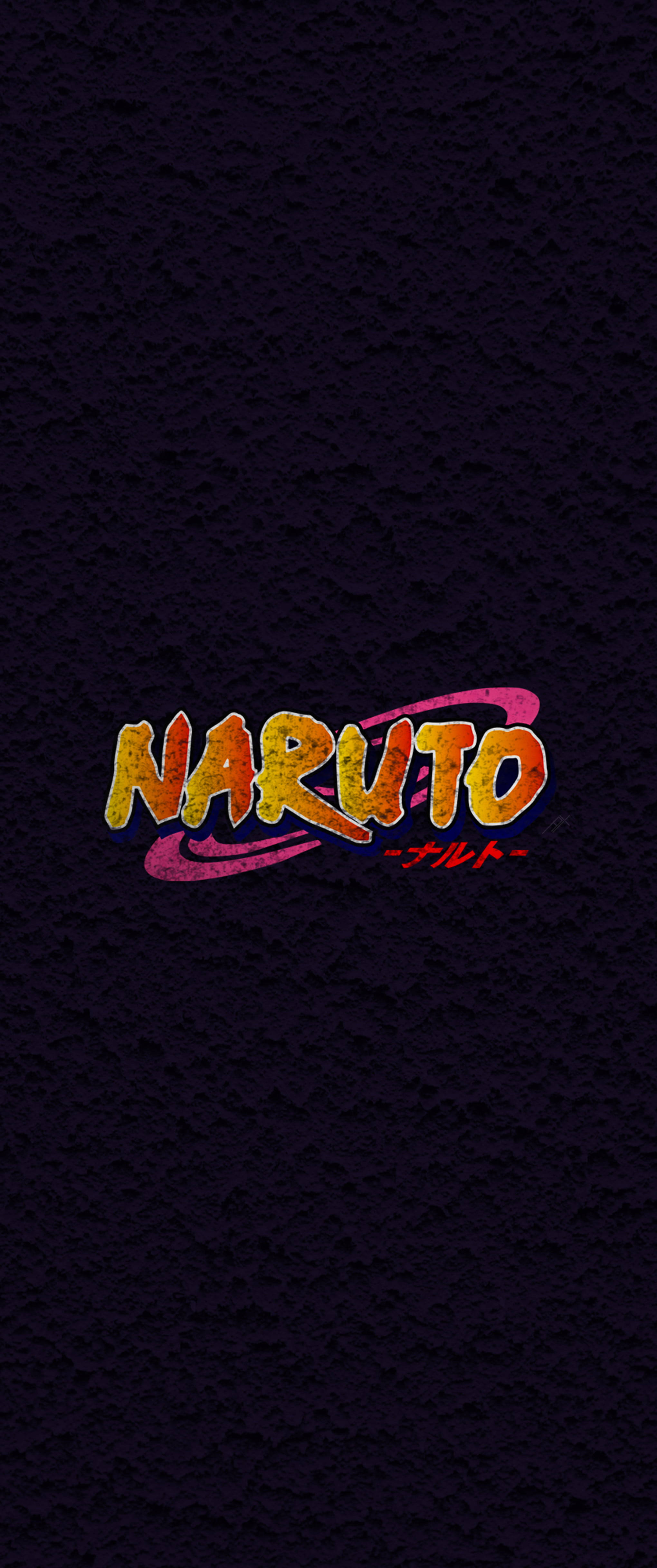 火影忍者 桌布 壁紙 — Naruto 標誌在帶有紋理的深紫色背景上散發出火熱的橙色和粉紅色光芒。