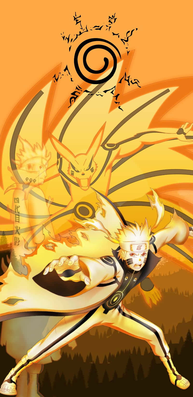 動漫 桌布 壁紙 — Naruto 處於九尾查克拉模式，身後有狐靈，背景為火橙色。