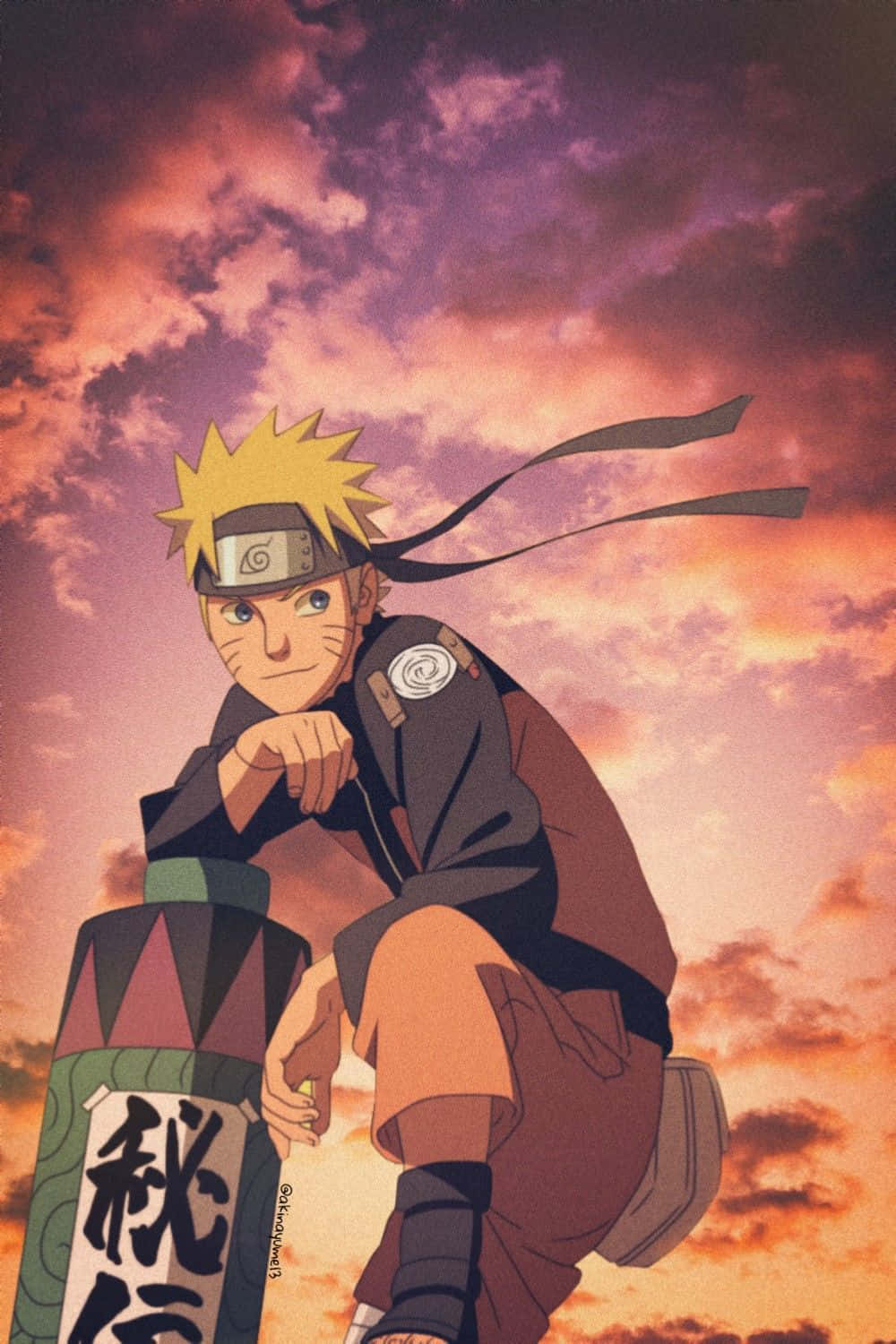 火影忍者 桌布 壁紙 — Naruto自信地蹲在充滿活力的日落天空前，身後是火熱的橙色和紫色雲彩。
