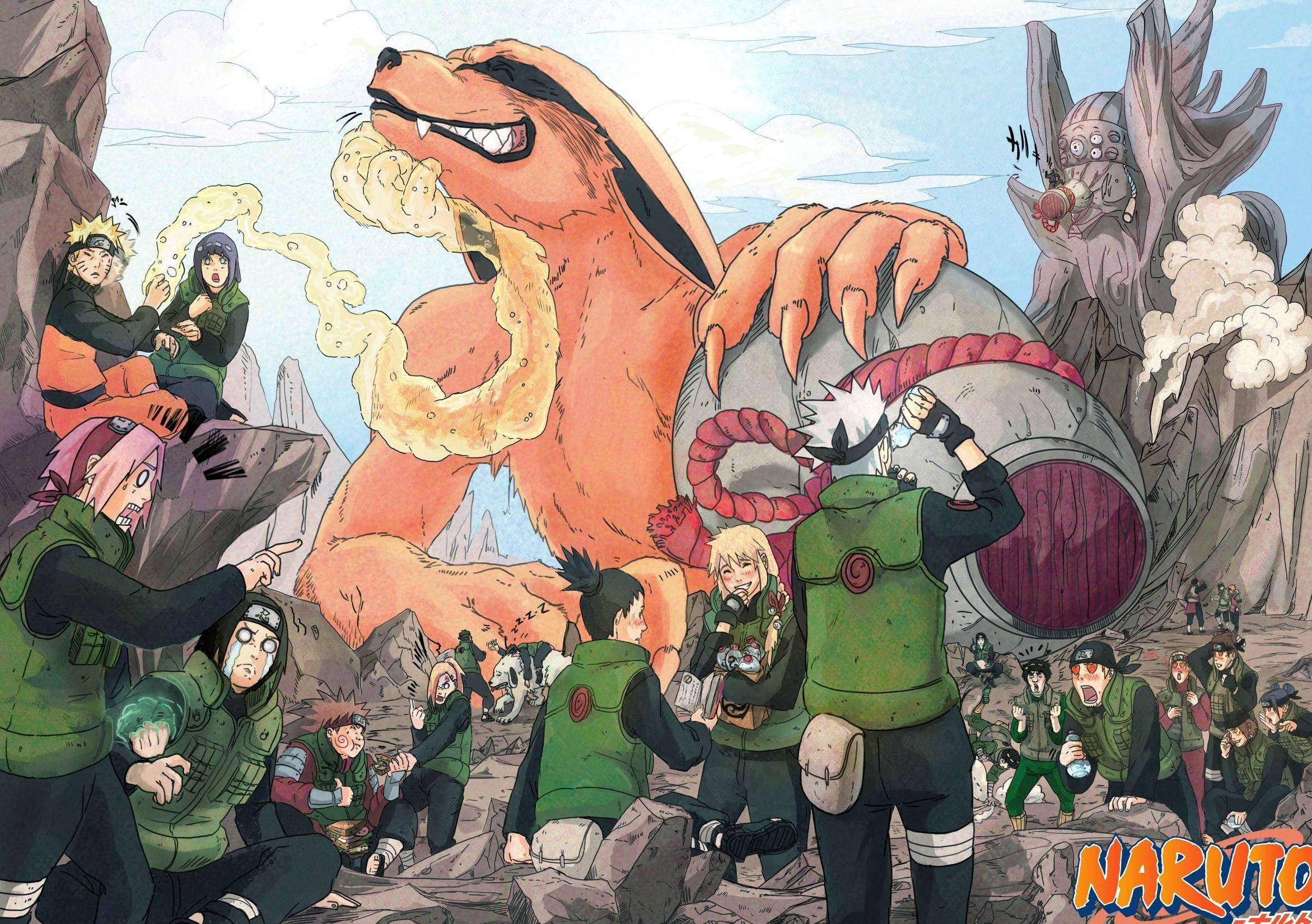 Shikamaru 桌布 壁紙 — Naruto角色在岩石山區地形中與巨大的橙色狐狸和怪異的樹靈戰鬥。