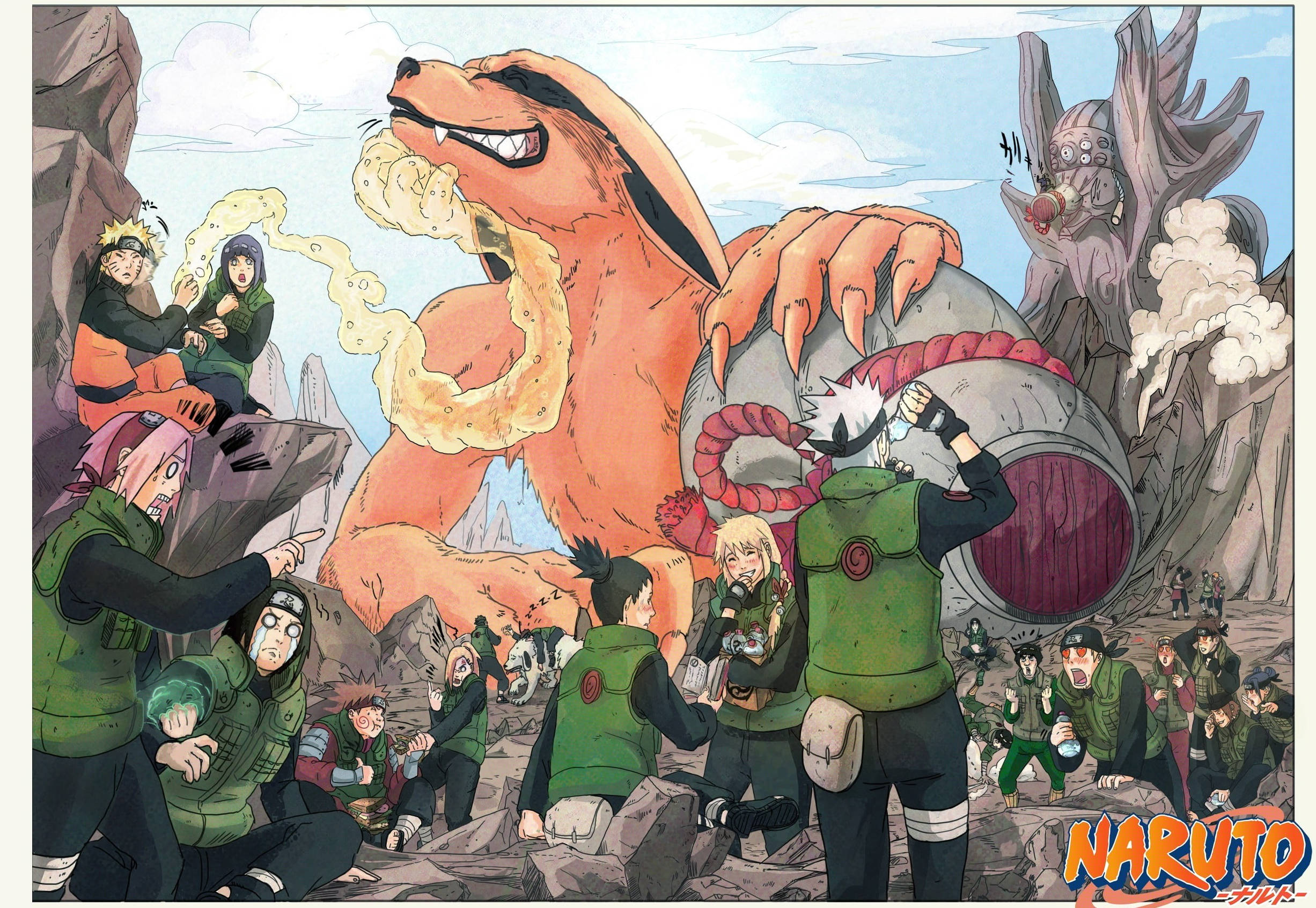 火影忍者海報 桌布 壁紙 — Naruto角色在晴朗天空下的岩石山區地形中對抗巨型橙色狐狸和石巨人。