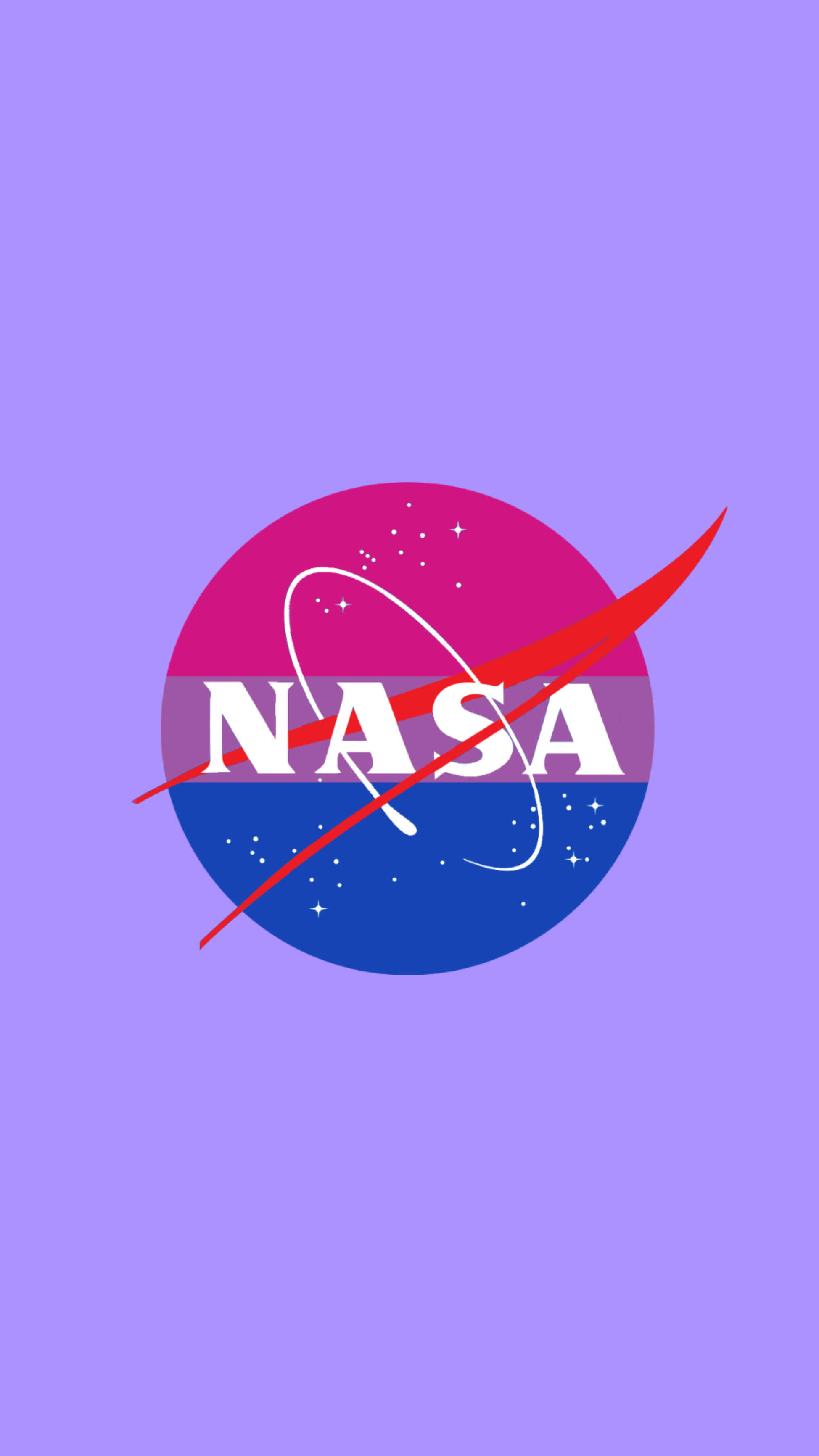 標誌 桌布 壁紙 — NASA 標誌以鮮豔的粉紅色、藍色和紅色呈現，背景為純薰衣草色，帶有白色星星。