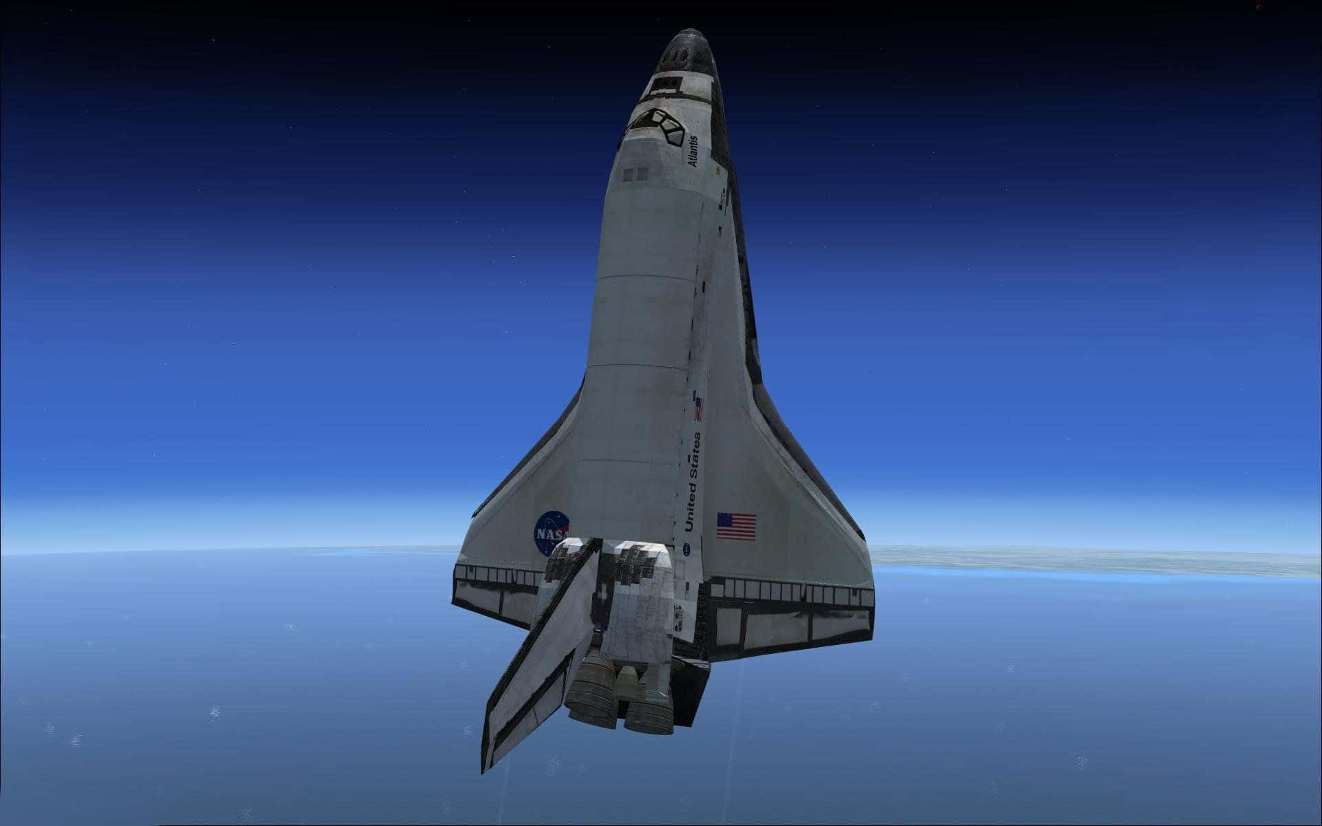 space shuttle 桌布 壁紙 — NASA太空梭在點綴著星星的深藍色天空中，翱翔於地球彎曲的地平線之上。